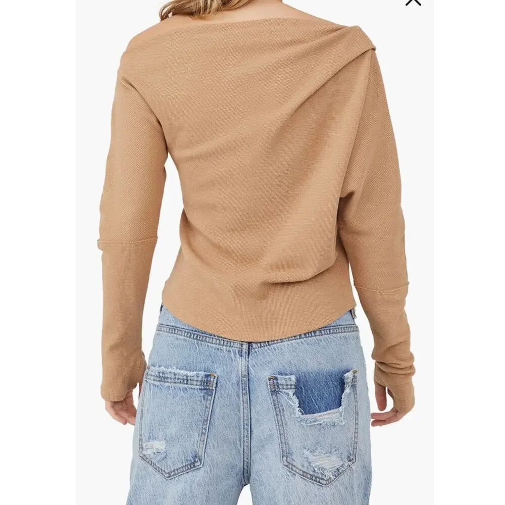 Free People We The Free Tan Off-the-Shoulder Ribbed Thermal Shirt Womens S